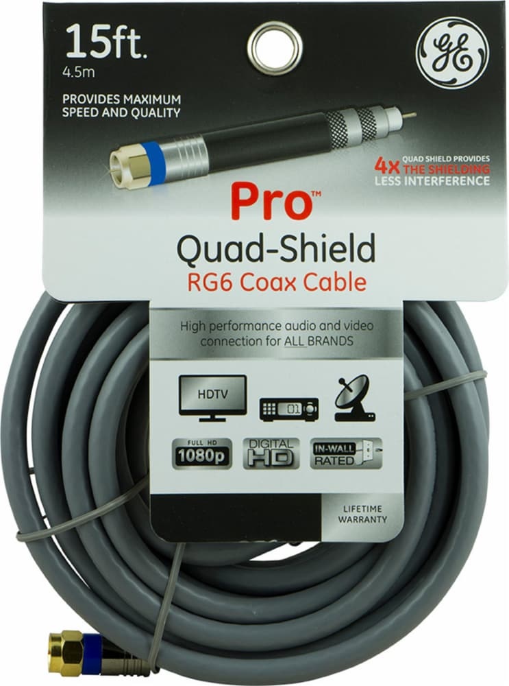 slide 1 of 1, Ge Pro Quad-Shield Rg6 Coax Cable - Gray, 15 ft