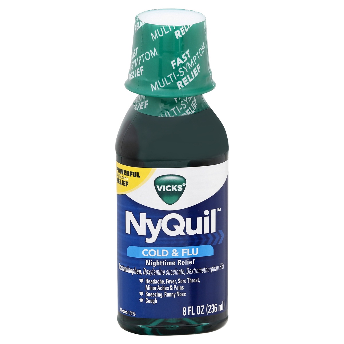 slide 1 of 1, Vicks NyQuil Cold and Flu Medicine, 8 fl oz, Original Flavor, Relieves Nighttime Cough, Sore Throat, Fever, Runny Nose, 8 oz