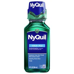 Vicks NyQuil Cold & Flu Relief Liquid Over-the-Counter Medicine, Powerful Multi-Symptom Nighttime Relief for Headache, Fever, Sore Throat, Minor Aches and Pains, Sneezing, Runny Nose, and Cough, 8 FL OZ