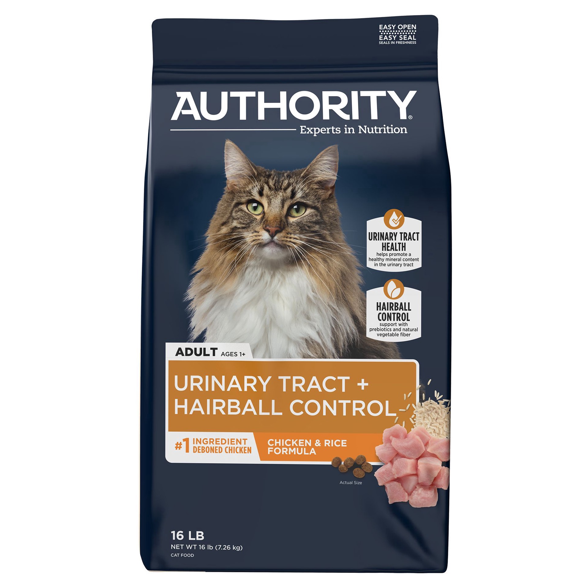 slide 1 of 1, Authority Urinary Tract Health & Hairball Control Adult Cat Food - Chicken, 16 lb
