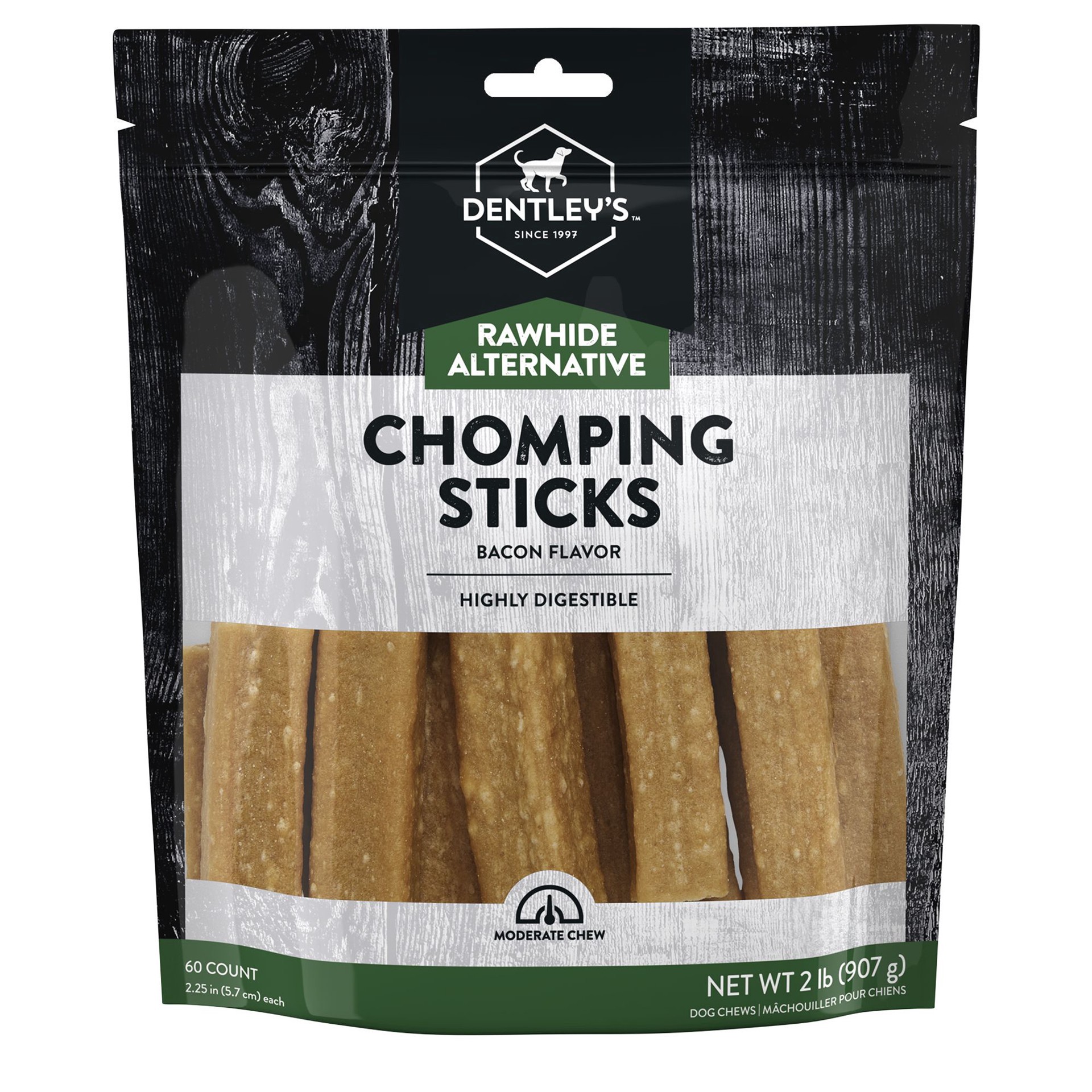 slide 1 of 1, Dentley's Rawhide Alternative Bacon Chomping Sticks 2 Inch 60 Count 2 LB, 1 ct