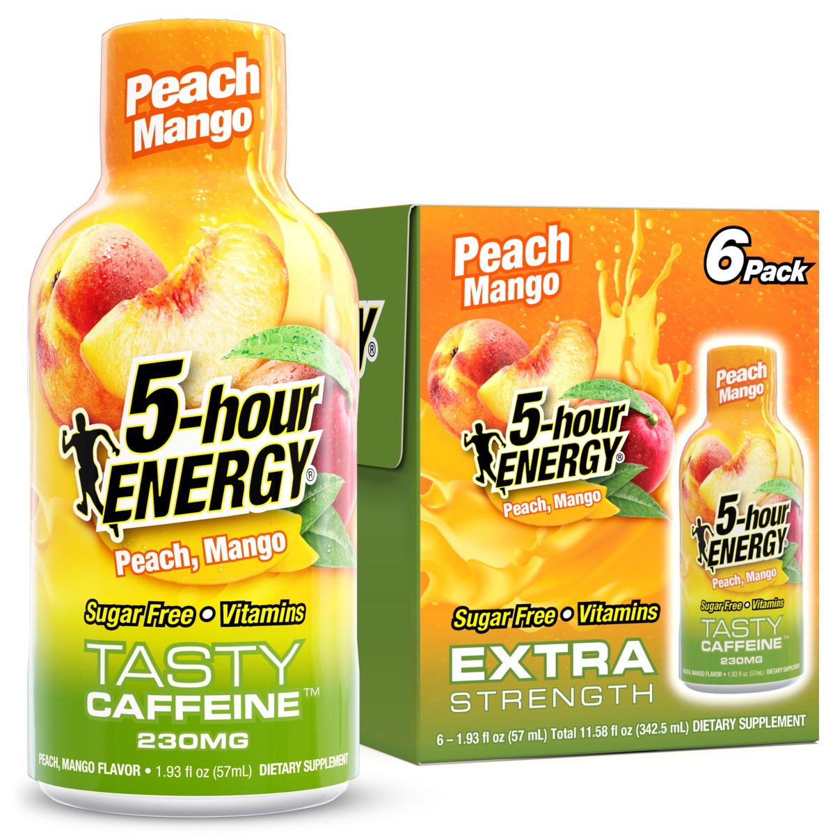 slide 1 of 7, 5-hour Energy Extra Strength Peach Mango, 6 Pack, 1.93 oz, 11.58 fl oz