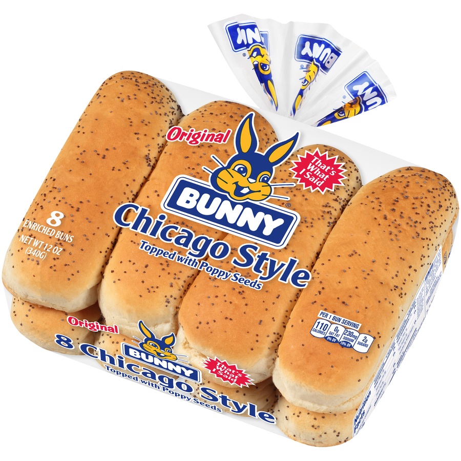 slide 3 of 8, Bunny Chicago Style Poppyseed Hot Dog Buns, 12 oz