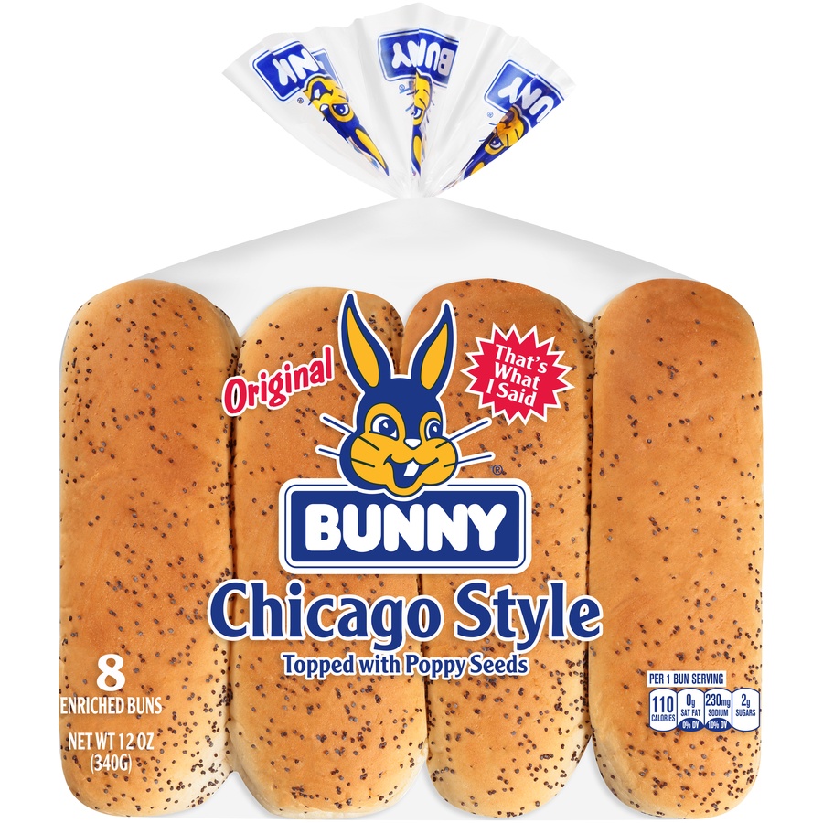 slide 1 of 8, Bunny Chicago Style Poppyseed Hot Dog Buns, 12 oz