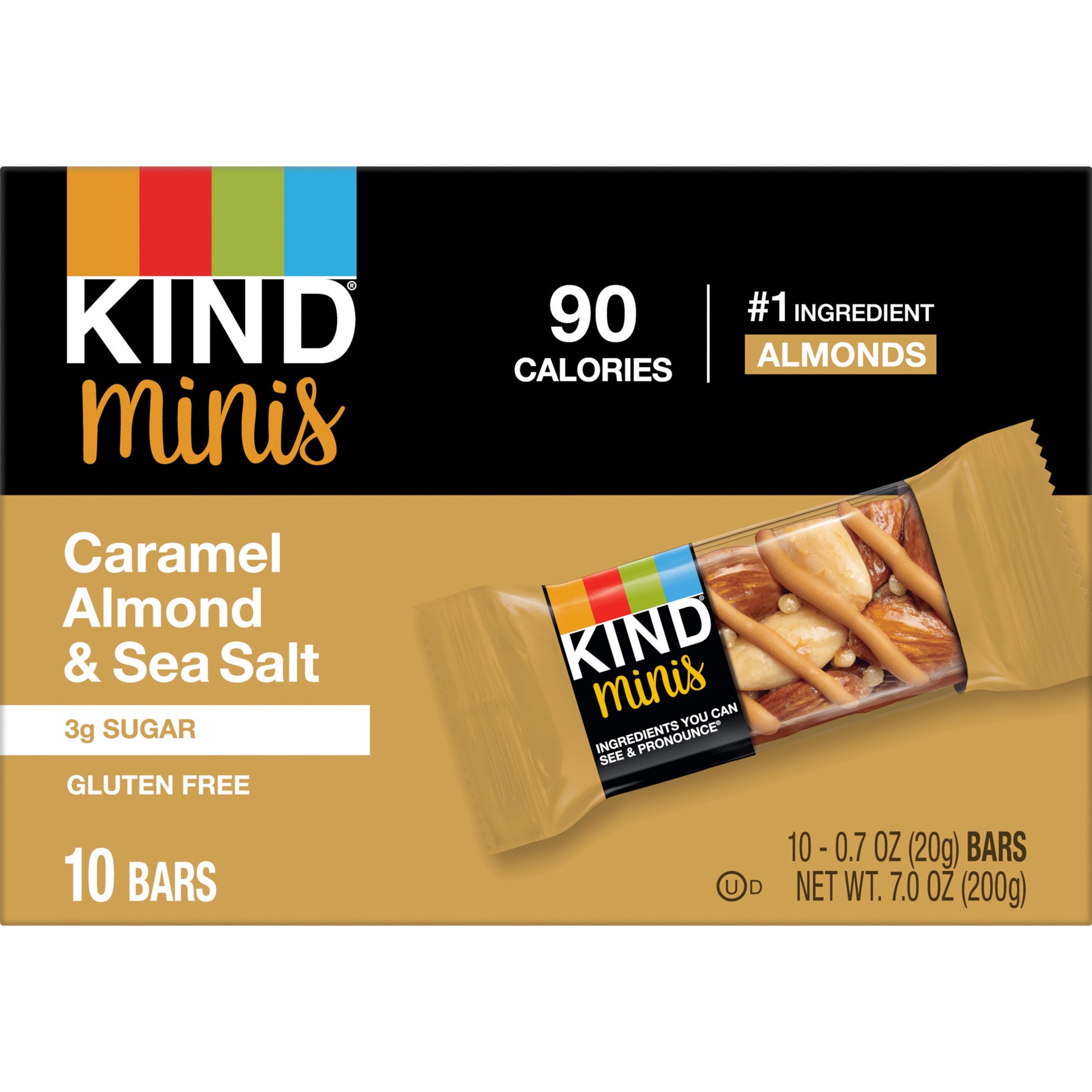 slide 1 of 2, KIND Minis Gluten Free Caramel Almond & Sea Salt Snack Bars, 0.7 oz, 10 Count, 7 oz