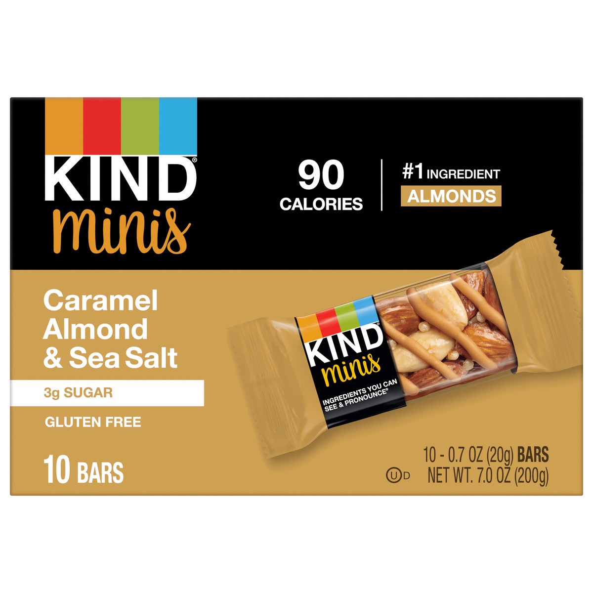 slide 1 of 2, KIND Minis Healthy Snack Bar, Caramel Almond & Sea Salt, 3g Sugar, Gluten Free Bars, 0.7 OZ, (10 Ct), 7 oz