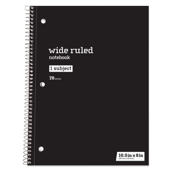 slide 1 of 1, Just Basics Spiral Notebook, 8"" X 10-1/2"", Wide Ruled, 70 Sheets, Black, 70 ct