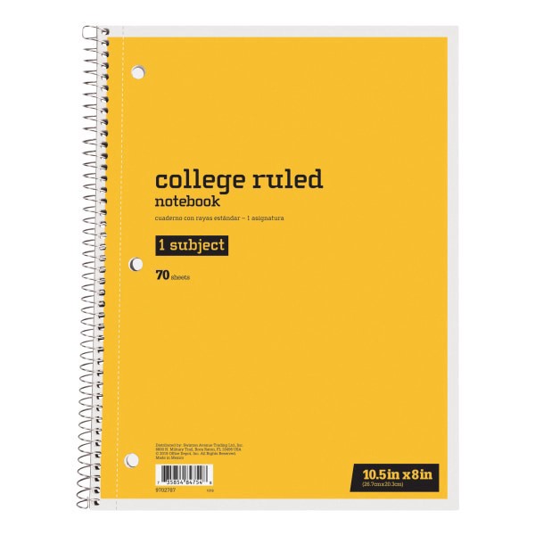 slide 1 of 1, Just Basics Spiral Notebook, 8"" X 10-1/2"", College Ruled, 70 Sheets, Yellow, 70 ct
