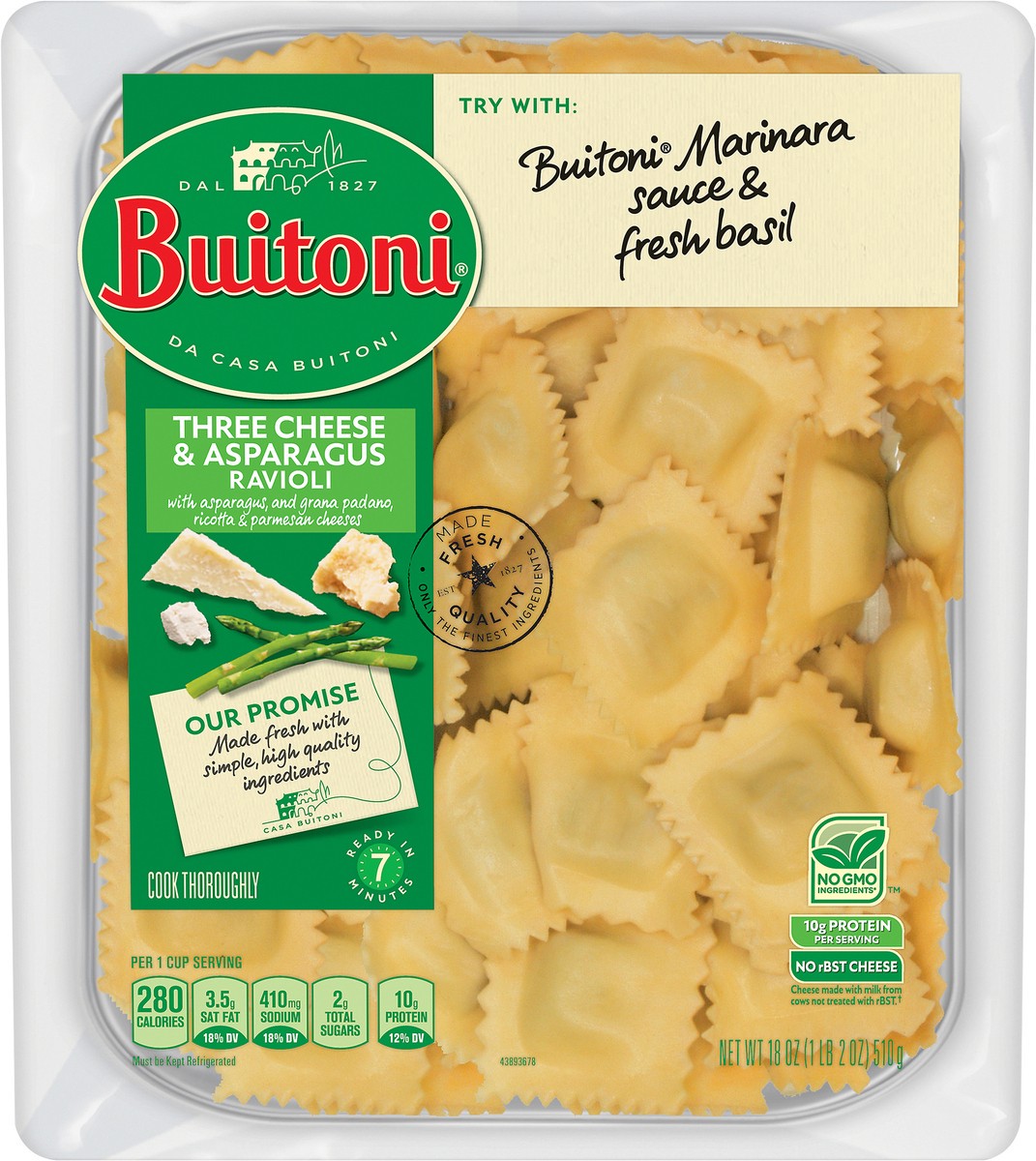 slide 4 of 9, Buitoni Three Cheese and Asparagus Ravioli, Refrigerated Pasta, 18 oz Family Size Package, 18 oz