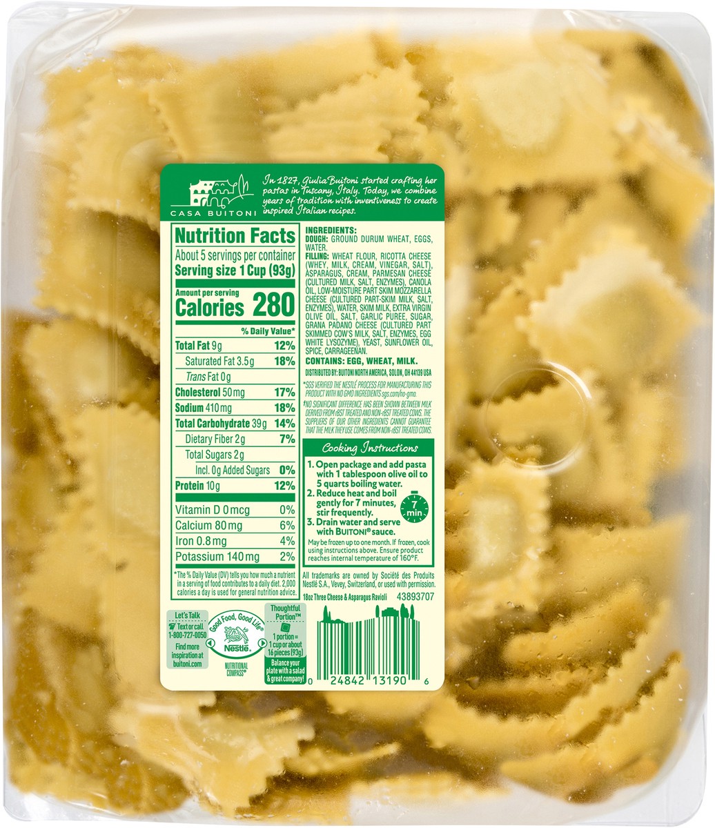 slide 5 of 9, Buitoni Three Cheese and Asparagus Ravioli, Refrigerated Pasta, 18 oz Family Size Package, 18 oz