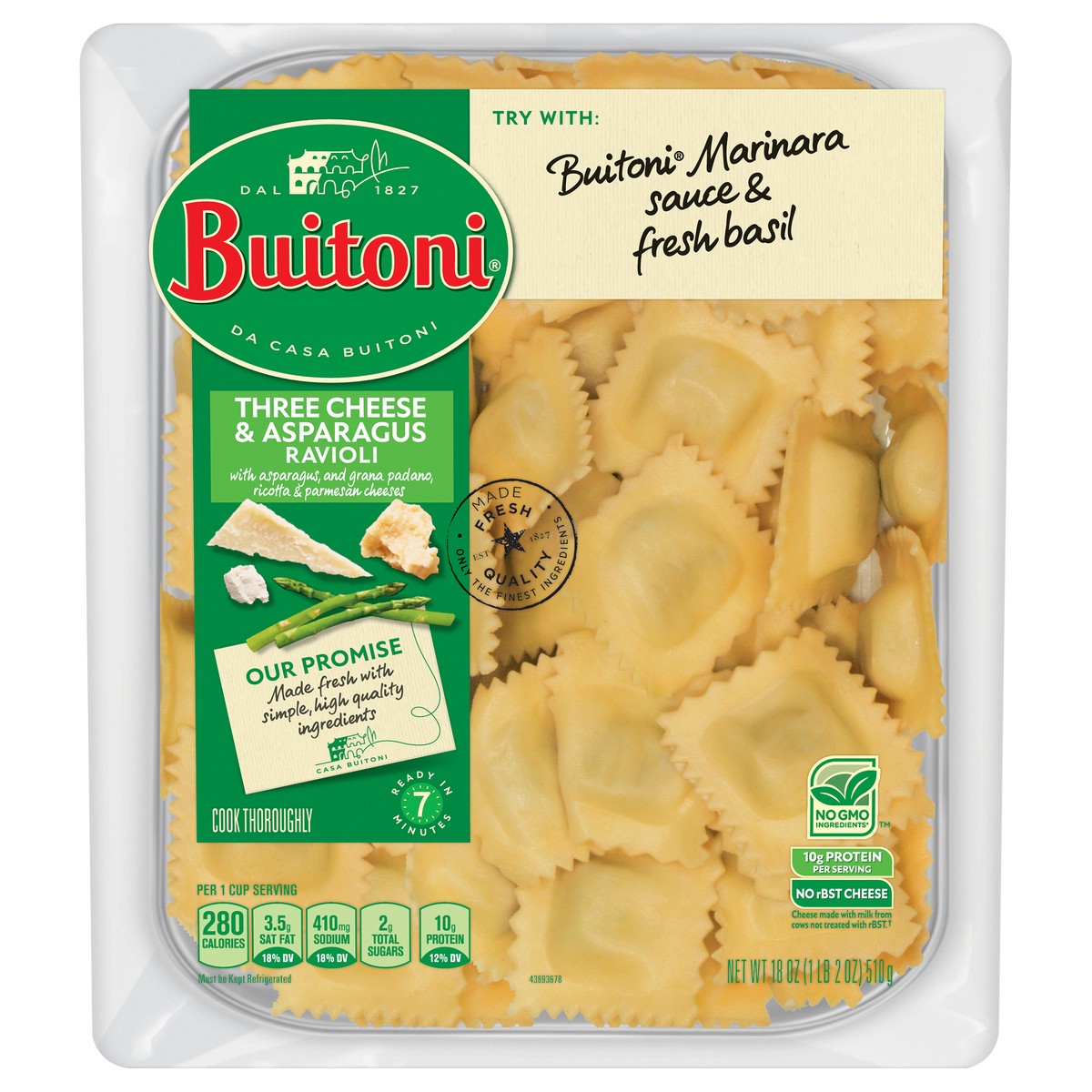 slide 7 of 9, Buitoni Three Cheese and Asparagus Ravioli, Refrigerated Pasta, 18 oz Family Size Package, 18 oz