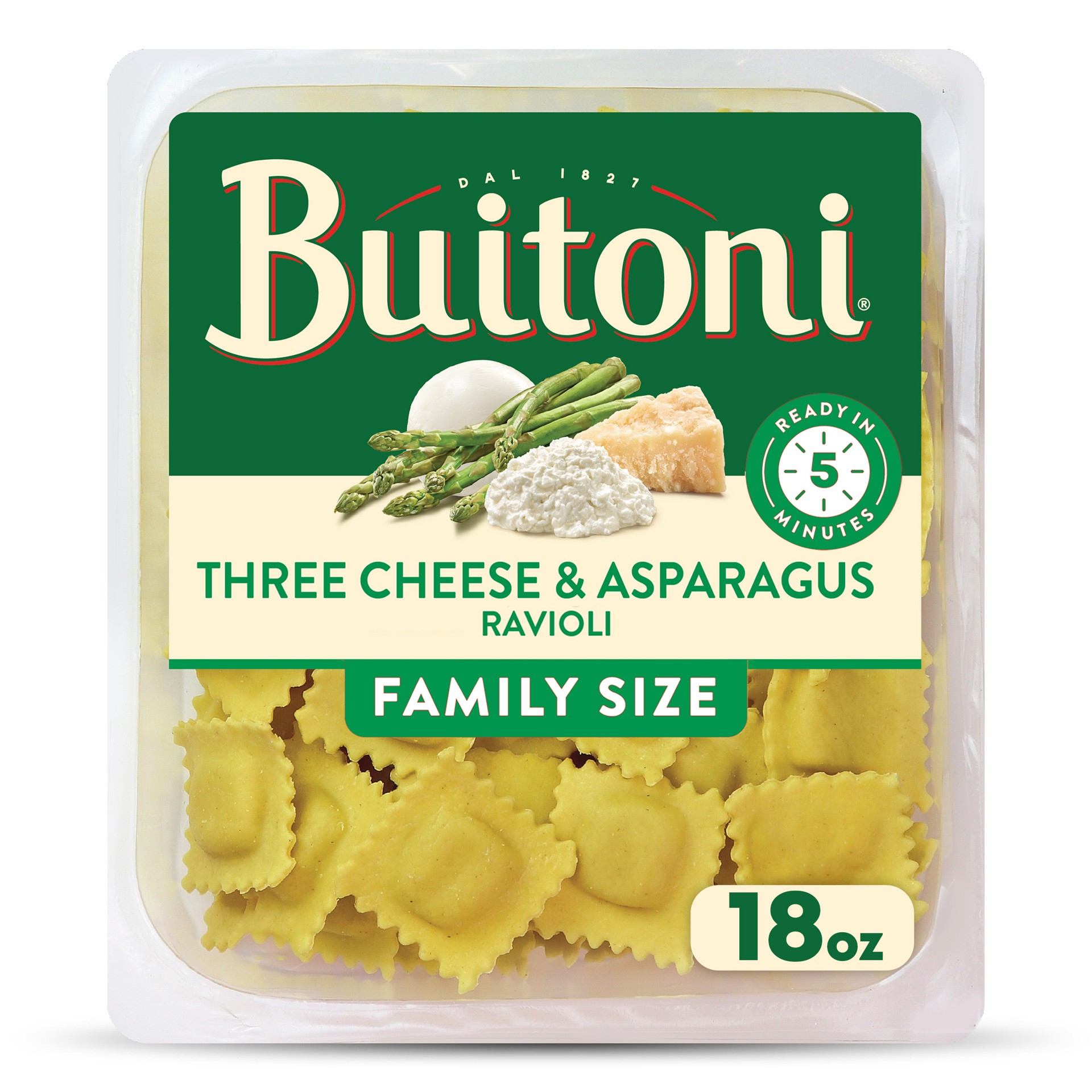 slide 1 of 9, Buitoni Three Cheese and Asparagus Ravioli, Refrigerated Pasta, 18 oz Family Size Package, 18 oz