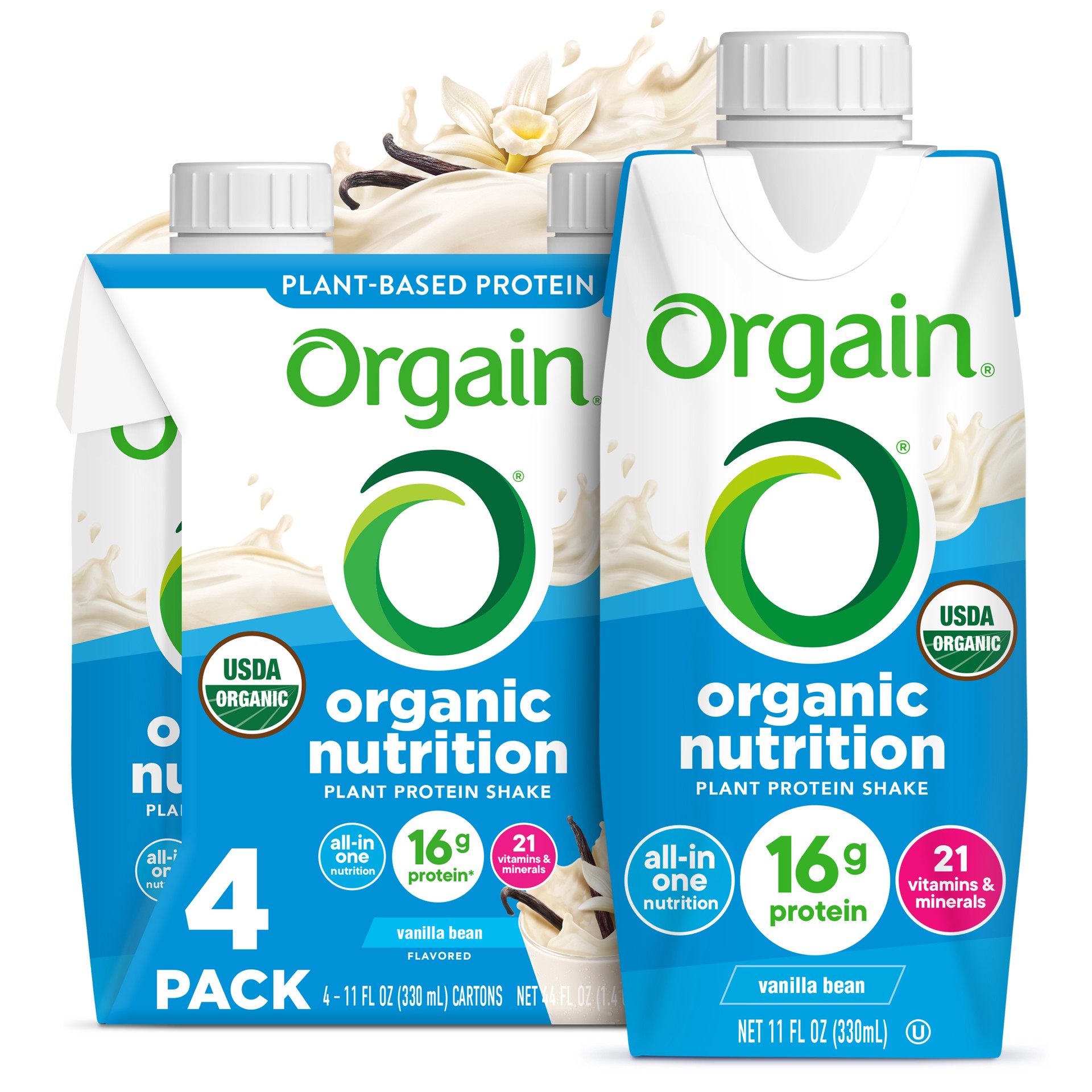 slide 1 of 10, Orgain Organic Nutrition Vegan Protein Shake, Plant Based, Vanilla Bean 11oz, 4ct, 44 fl oz