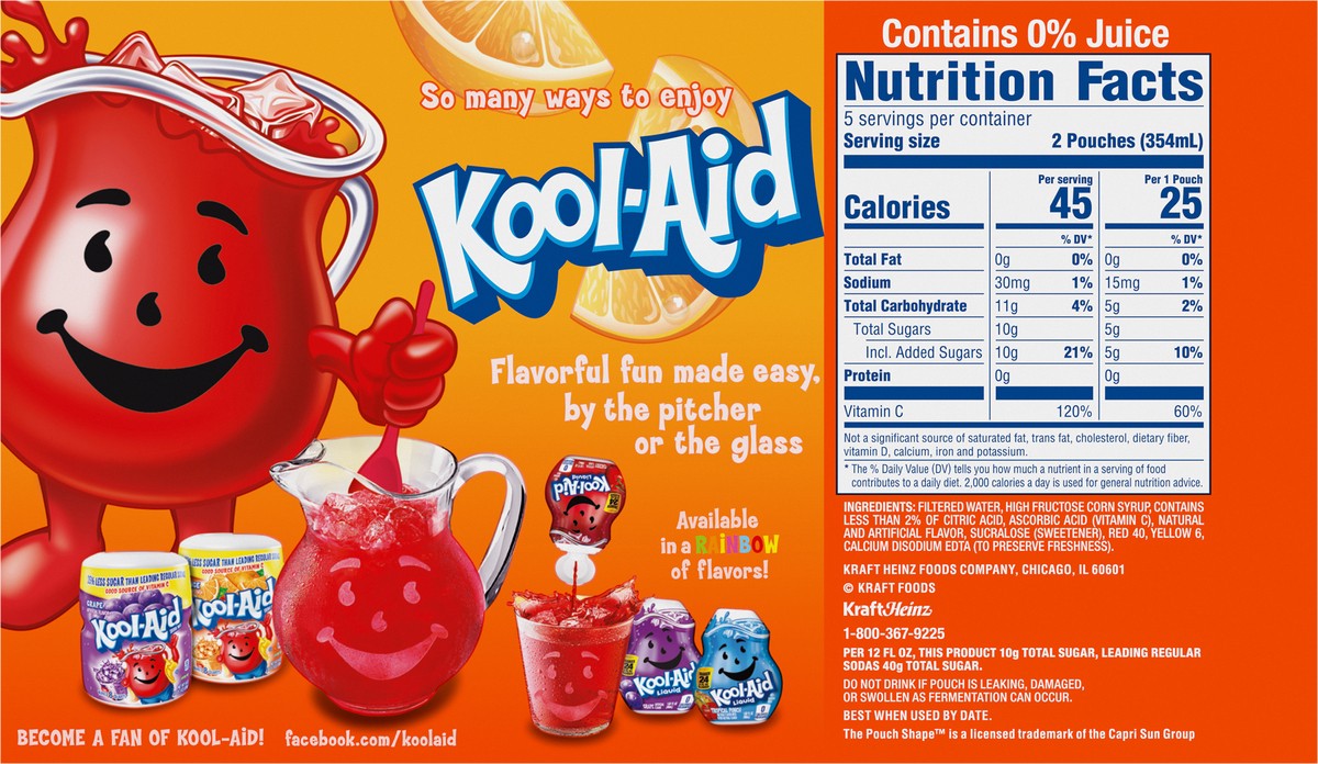 slide 5 of 9, Kool-Aid Jammers Orange Flavored 0% Juice Drink, 10 ct Box, 6 fl oz Pouches, 10 ct