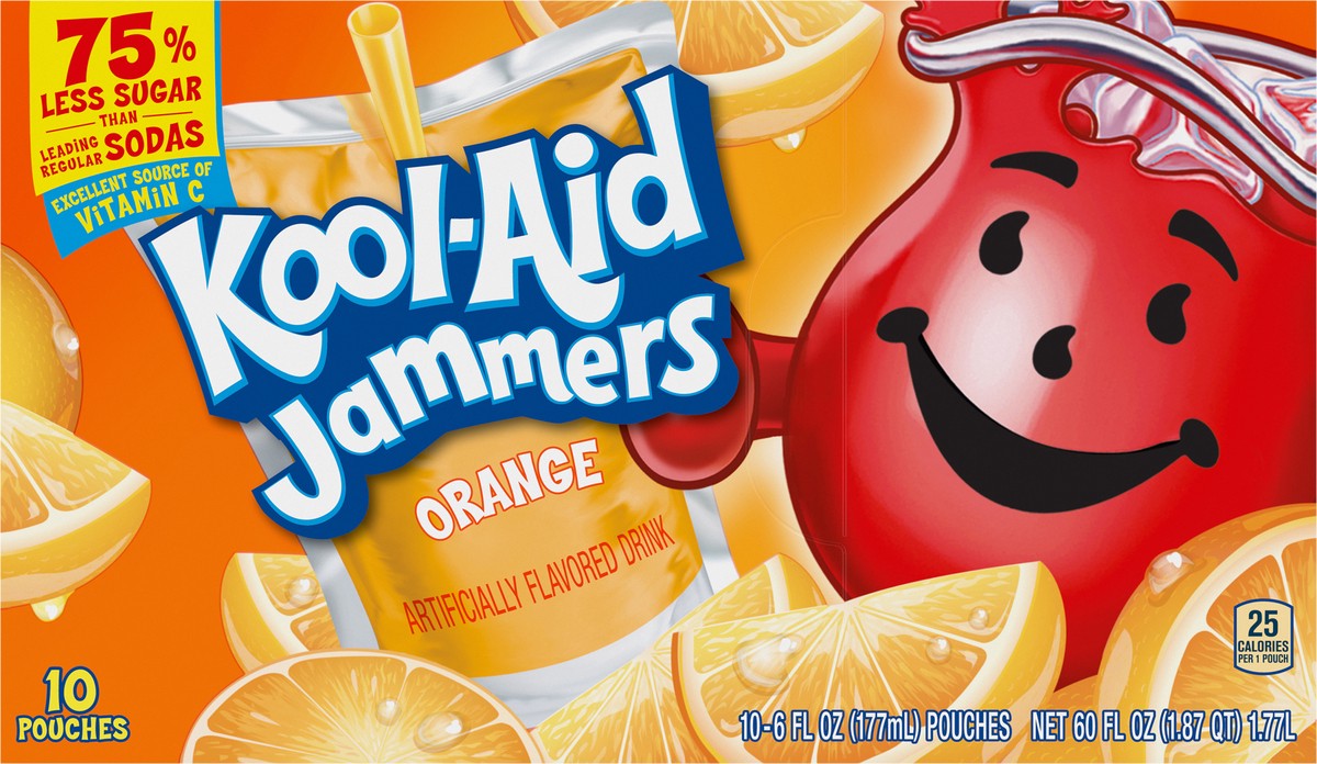slide 7 of 9, Kool-Aid Jammers Orange Flavored 0% Juice Drink, 10 ct Box, 6 fl oz Pouches, 10 ct