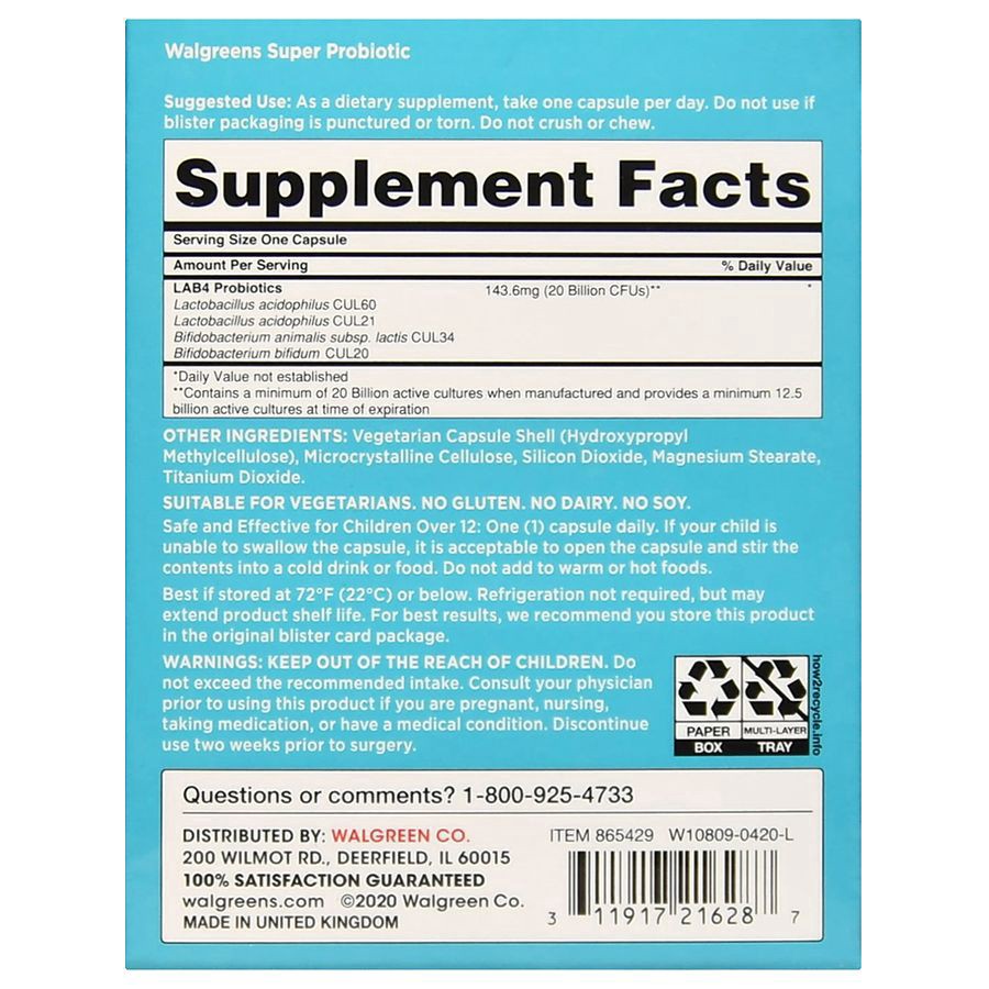 slide 4 of 5, Walgreens Super Probiotic Capsules 20 Billion Active Cultures, 30 ct