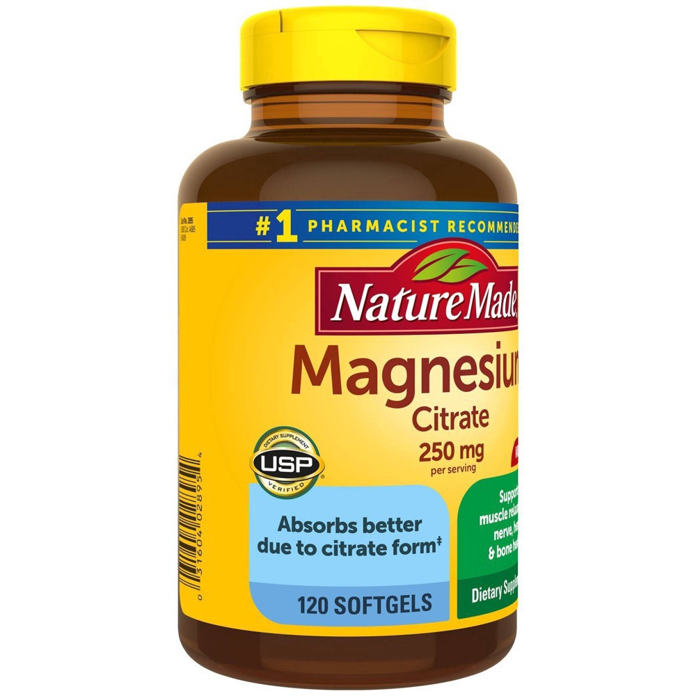 slide 5 of 8, Nature Made Magnesium Citrate 250 mg per serving, Magnesium Supplement for Muscle, Nerve, Bone and Heart Support, 120 Softgels, 60 Day Supply, 120 ct