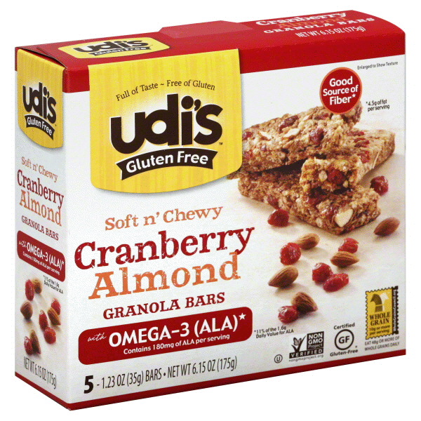 slide 1 of 1, Udis Gluten Free Soft N Chewy Cranberry Almond Granola Bars, 5 ct; 1.2 oz