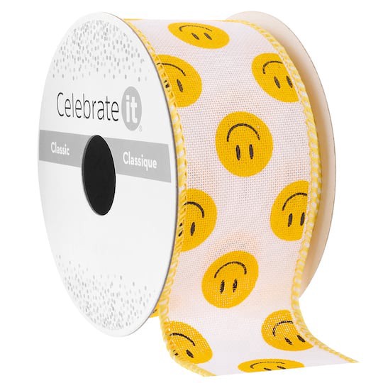 slide 1 of 2, 1.5" X 3yd. Wired Yellow Smiley Face Ribbon By Celebrate It Classic, 1.5 in x 3 yd