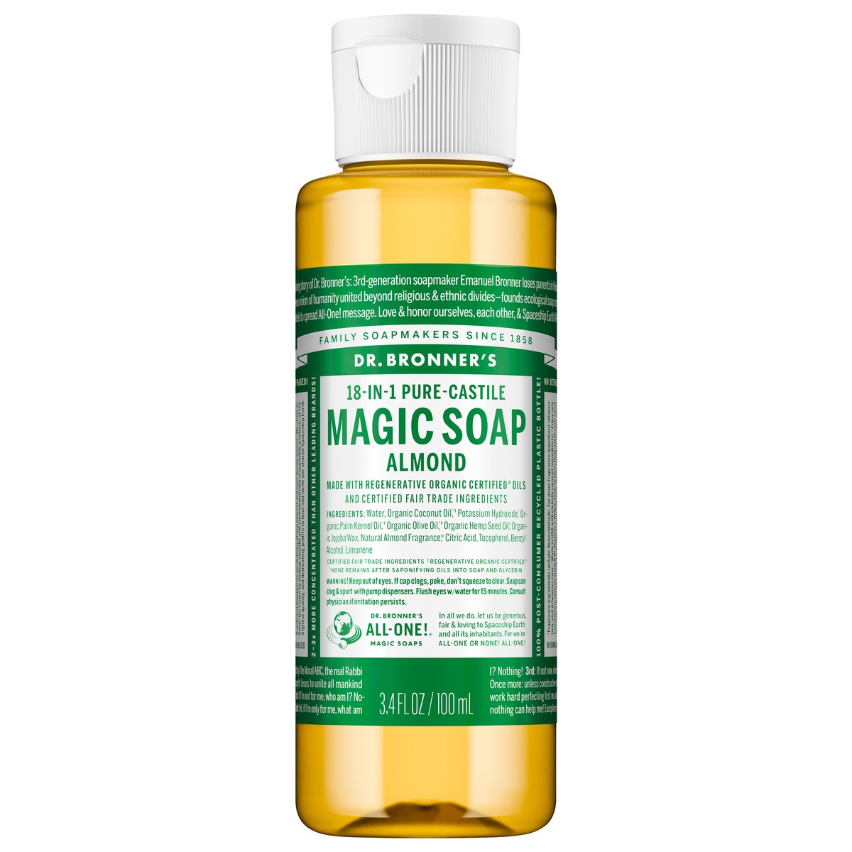 slide 1 of 2, Dr. Bronner's Pure-Castile Magic Soap - Almond, 3.4 fl oz