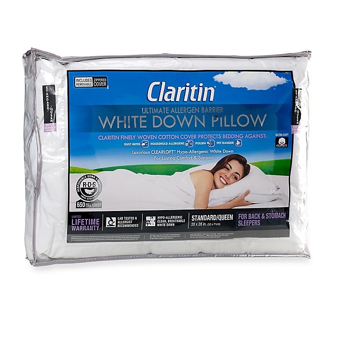 slide 1 of 2, Claritin Ultimate Allergen Barrier White Down ClearLoft King Cotton Back/Stomach Pillow, 1 ct