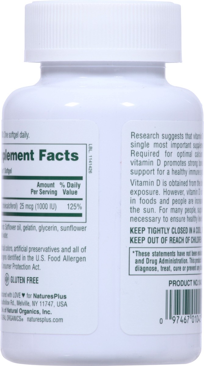 slide 4 of 9, Nature's Plus Natures Plus Vitamin D 1000 IU Softgels, 180 ct