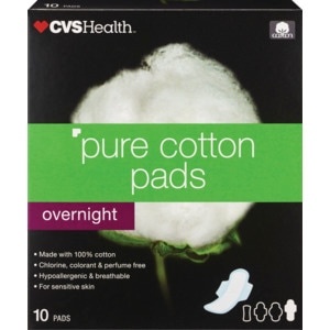 slide 1 of 1, CVS Health Pure Cotton Heavy Flow Pads, Overnight, 10 ct