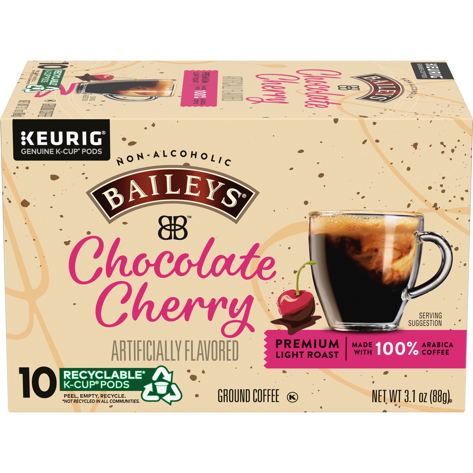 slide 1 of 9, Baileys Non-Alcoholic Chocolate Cherry Light Roast K-Cup Coffee Pods, 10 ct Box, 10 ct