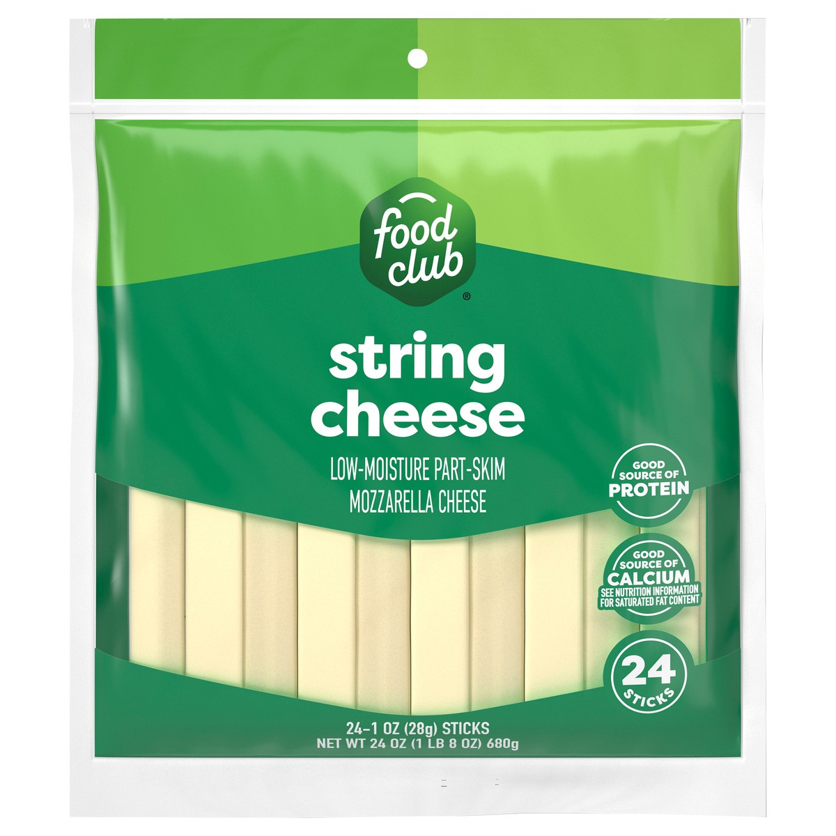 slide 1 of 9, Food Club Low-Moisture Part-Skim Mozzarella String Cheese 24 ea, 24 oz