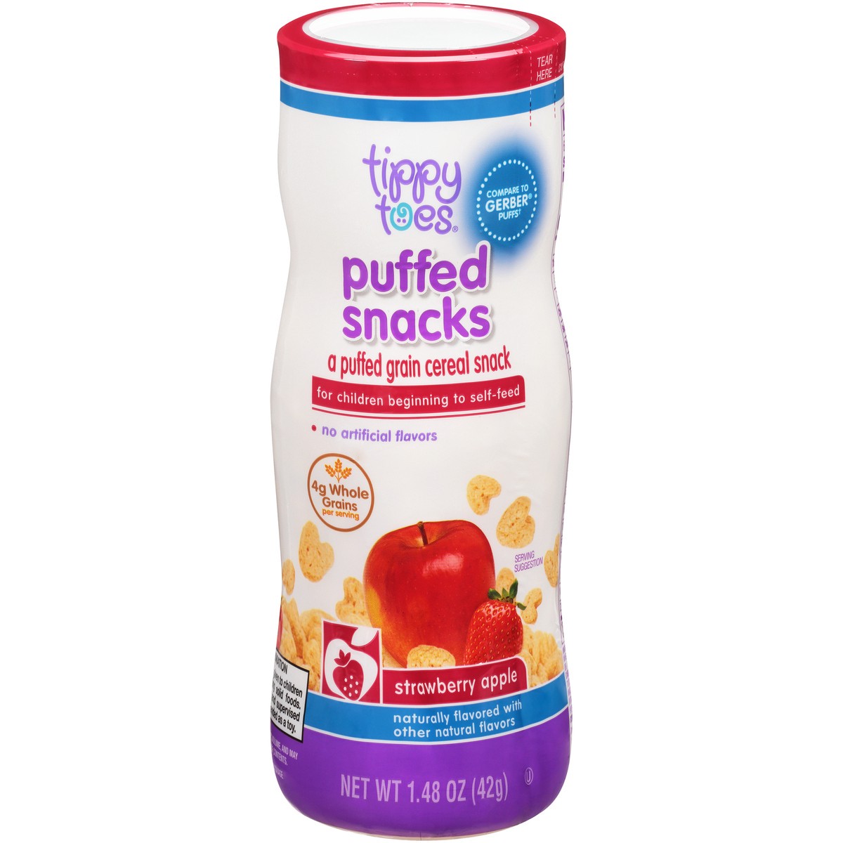 slide 1 of 13, Tippy Toes Strawberry Apple Puffed Grain Cereal Snacks, 1.48 oz