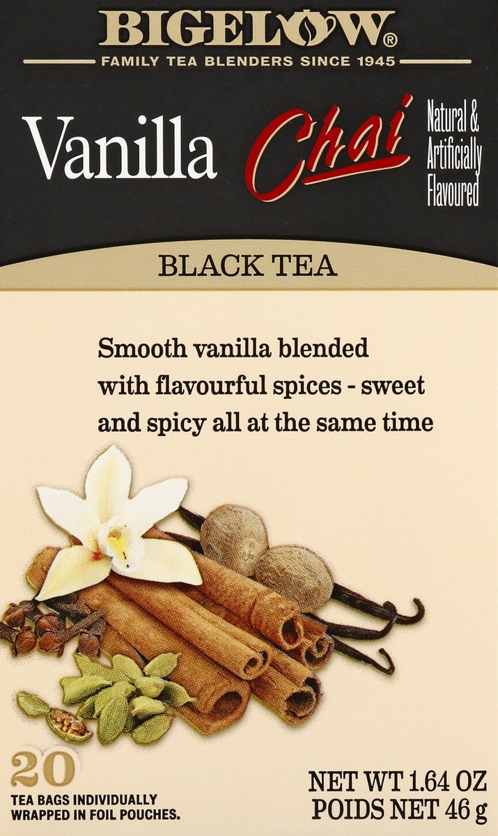 slide 1 of 11, Bigelow Vanilla Chai (F), Black Tea, Tea bags, 20 TB, 20 individually wrapped tea bags, 1 ct