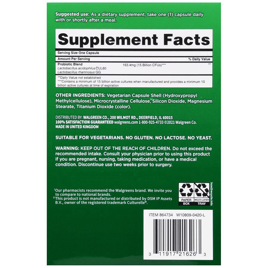 slide 2 of 5, Walgreens Probiotic Capsules 15 Billion Active Cultures, 30 ct