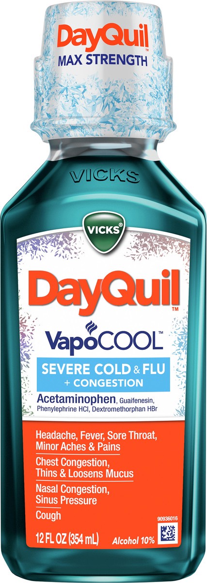 slide 2 of 2, Vicks DayQuil VapoCOOL SEVERE Cold & Flu Liquid Over-the-Counter Medicine, Powerful, Non-Drowsy Daytime Relief for Headache, Fever, Sore Throat, Minor Aches and Pains, Chest Congestion, Stuffy Nose, Nasal Congestion, Sinus Pressure, and Cough, 12 FL OZ, 12 fl oz