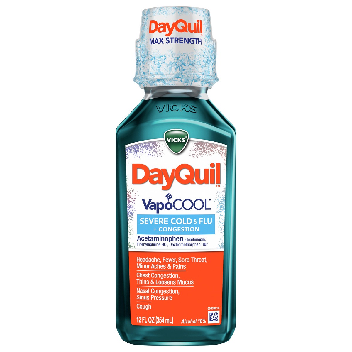 slide 1 of 2, Vicks DayQuil VapoCOOL SEVERE Cold & Flu Liquid Over-the-Counter Medicine, Powerful, Non-Drowsy Daytime Relief for Headache, Fever, Sore Throat, Minor Aches and Pains, Chest Congestion, Stuffy Nose, Nasal Congestion, Sinus Pressure, and Cough, 12 FL OZ, 12 fl oz