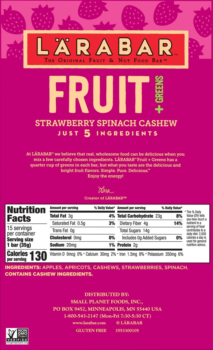 slide 3 of 12, LÄRABAR Fruit + Greens Strawberry Spinach Cashew Fruit & Nut Food Bar 15 ea, 15 ct