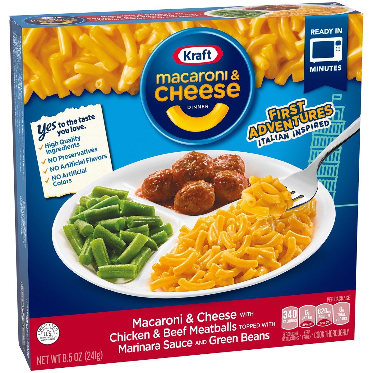 slide 2 of 14, Kraft First Adventures Italian Inspired Macaroni & Cheese Frozen Dinner with Chicken & Beef Meatballs, Marinara Sauce & Green Beans, 8.5 oz Box, 8.5 oz