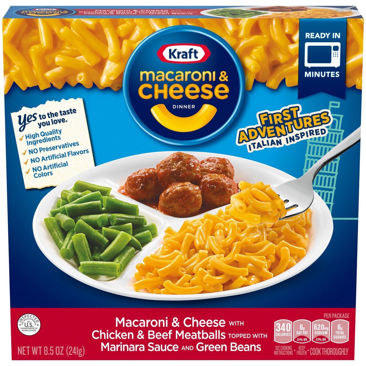 slide 1 of 14, Kraft First Adventures Italian Inspired Macaroni & Cheese Frozen Dinner with Chicken & Beef Meatballs, Marinara Sauce & Green Beans, 8.5 oz Box, 8.5 oz