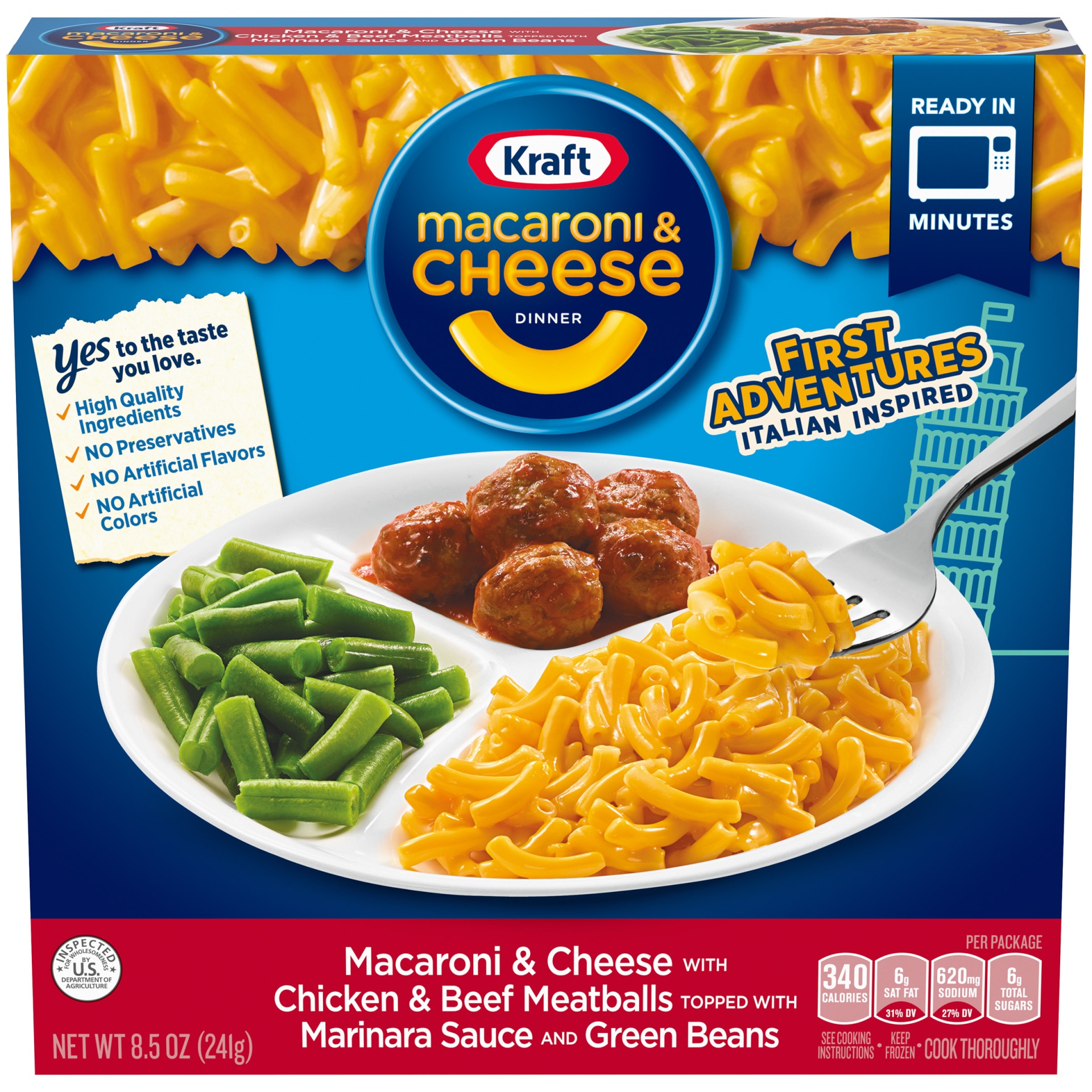 slide 1 of 2, Kraft First Adventures Italian Inspired Macaroni & Cheese Frozen Dinner with Chicken & Beef Meatballs, Marinara Sauce & Green Beans, 8.5 oz