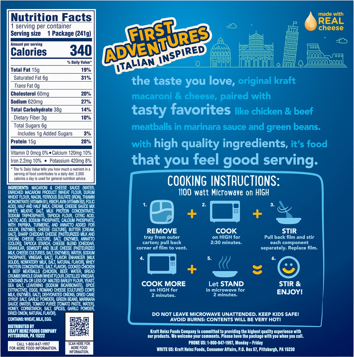 slide 4 of 14, Kraft First Adventures Italian Inspired Macaroni & Cheese Frozen Dinner with Chicken & Beef Meatballs, Marinara Sauce & Green Beans, 8.5 oz Box, 8.5 oz