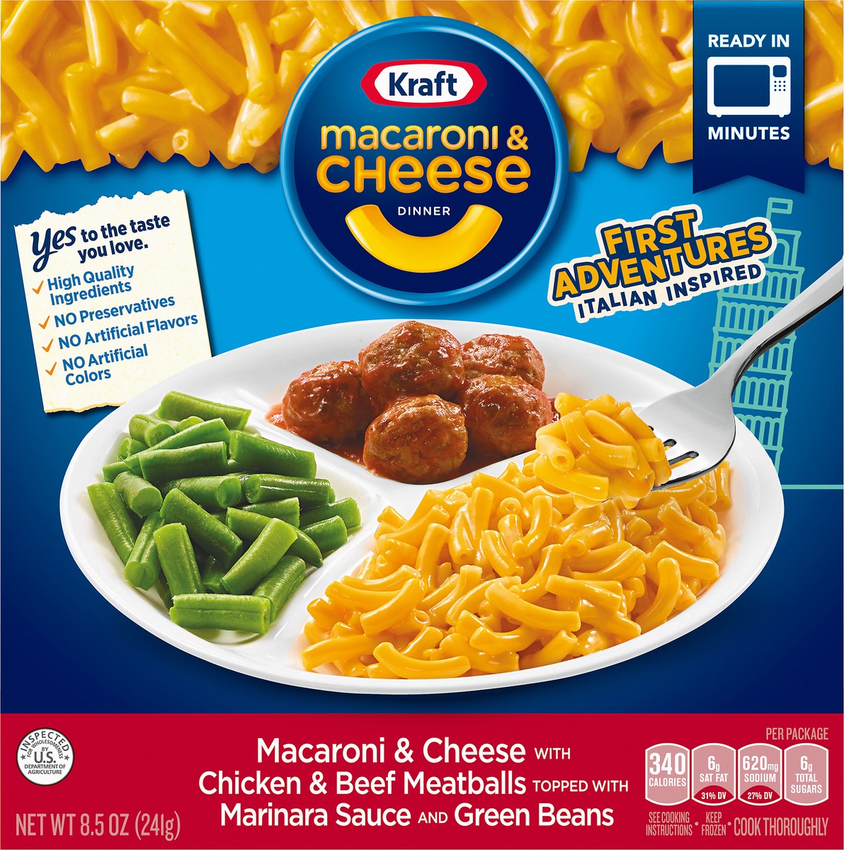 slide 6 of 14, Kraft First Adventures Italian Inspired Macaroni & Cheese Frozen Dinner with Chicken & Beef Meatballs, Marinara Sauce & Green Beans, 8.5 oz Box, 8.5 oz