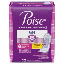 Poise Incontinence & Postpartum Pads for Bladder Leaks, 5 Drop Maximum Absorbency, Long Length, 12 Count