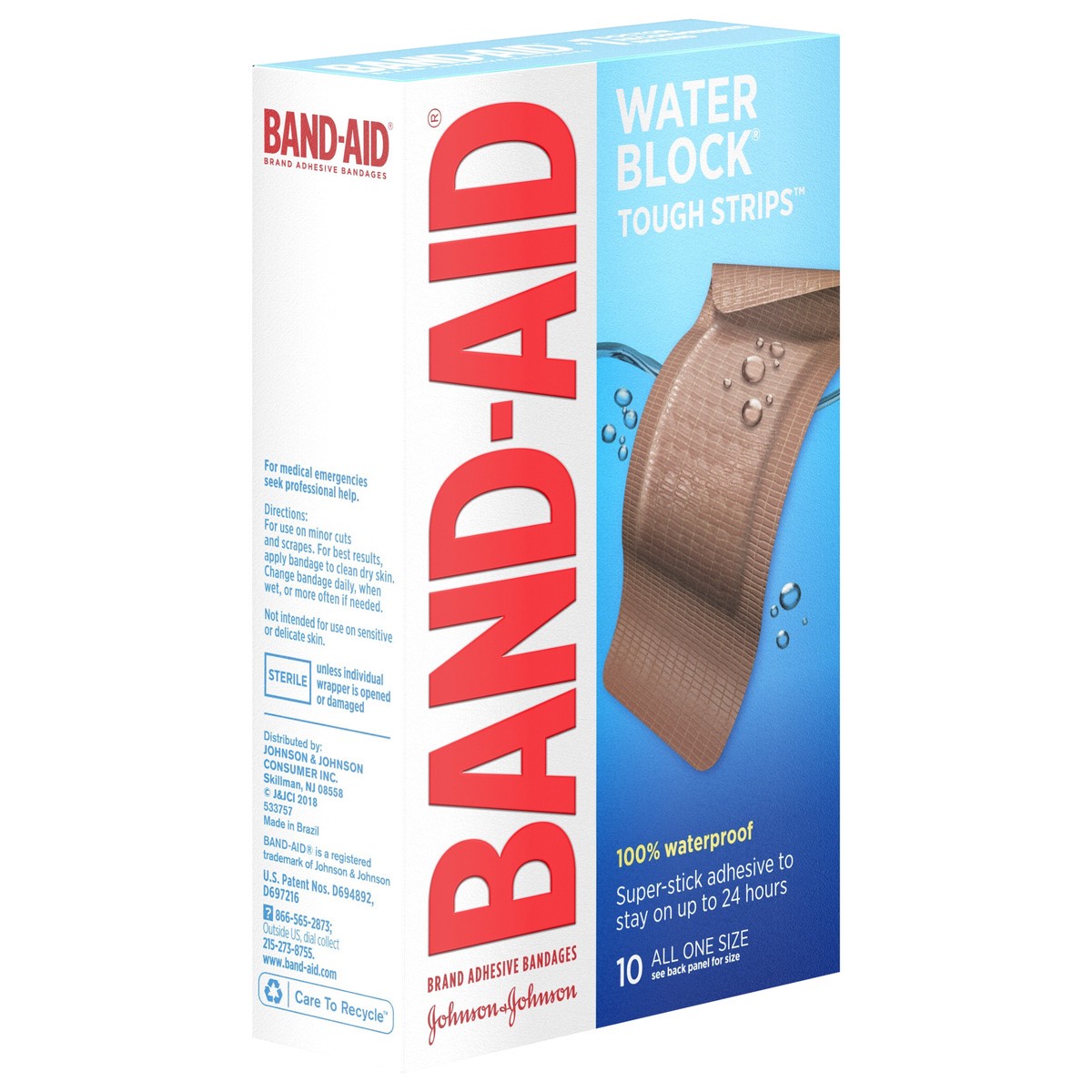 slide 2 of 8, BAND-AID Water Block Tough Strips Adhesive Bandages for First Aid Wound Care, Durable Waterproof Bandages to Protect Minor Cuts, Scrapes & Burns, Sterile, Extra Large, 10 ct