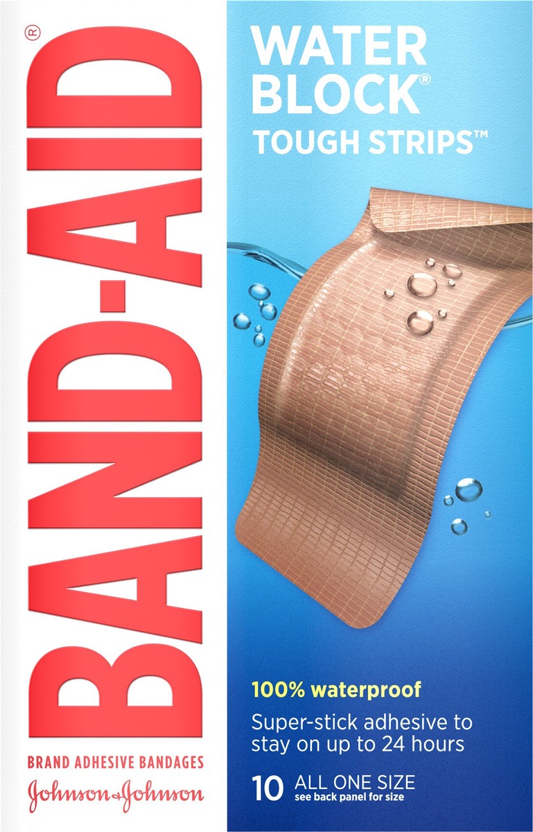 slide 5 of 8, BAND-AID Water Block Tough Strips Adhesive Bandages for First Aid Wound Care, Durable Waterproof Bandages to Protect Minor Cuts, Scrapes & Burns, Sterile, Extra Large, 10 ct