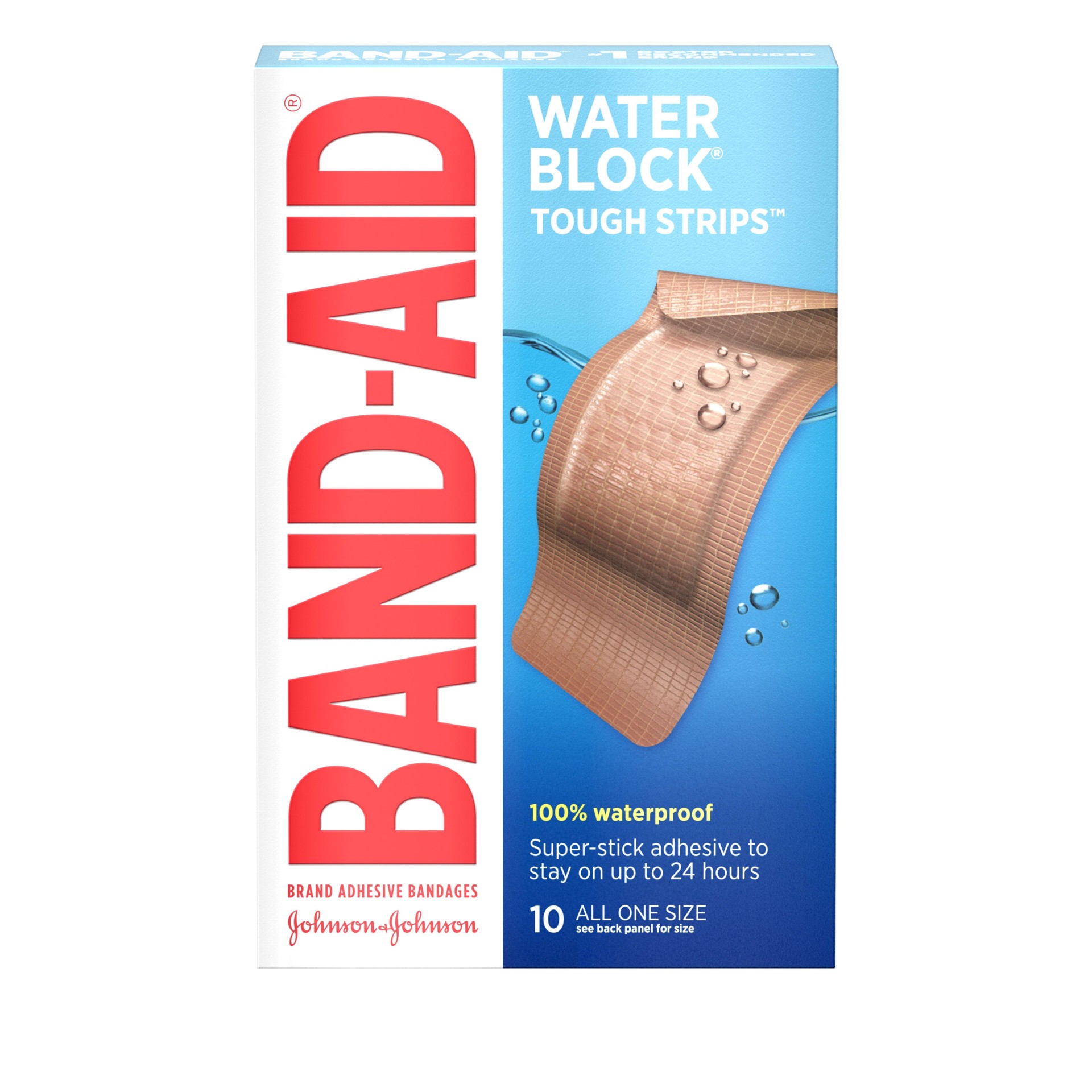 slide 1 of 8, BAND-AID Water Block Tough Strips Adhesive Bandages for First Aid Wound Care, Durable Waterproof Bandages to Protect Minor Cuts, Scrapes & Burns, Sterile, Extra Large, 10 ct