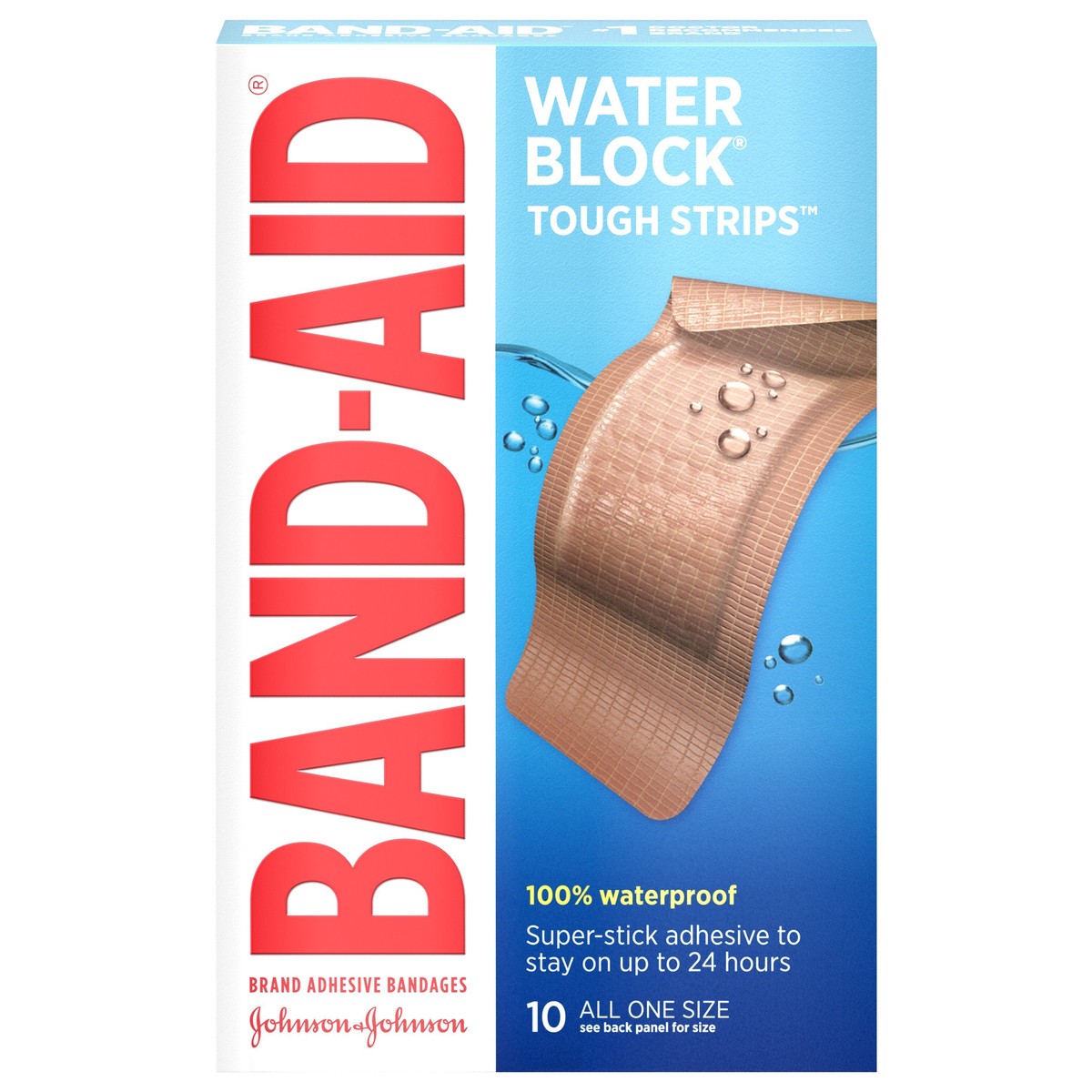slide 1 of 8, BAND-AID Water Block Tough Strips Adhesive Bandages for First Aid Wound Care, Durable Waterproof Bandages to Protect Minor Cuts, Scrapes & Burns, Sterile, Extra Large, 10 ct