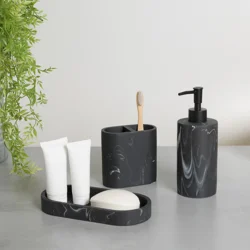 Room & Retreat Corin 3-Piece Bathroom Accessory Set, Black and White Marble