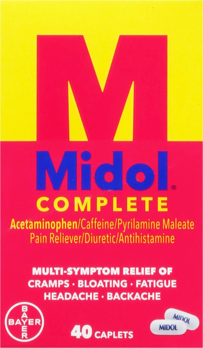 slide 4 of 9, Midol Bayer Healthcare Consumer Care Midol Pain Reliever/Stimulant/Diuretic, Maximum Strength, Caplets,, 40 ct