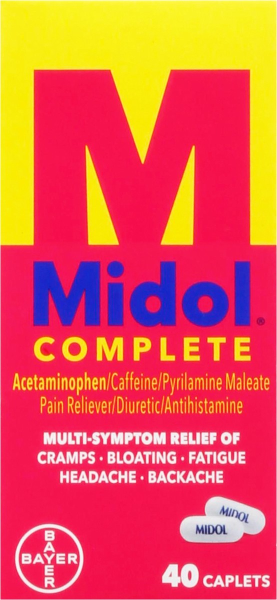 slide 5 of 9, Midol Bayer Healthcare Consumer Care Midol Pain Reliever/Stimulant/Diuretic, Maximum Strength, Caplets,, 40 ct
