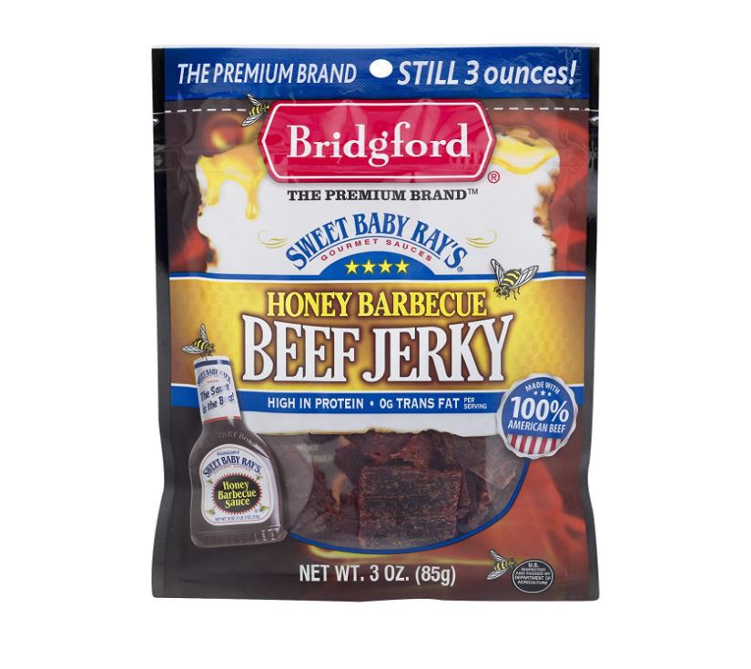 slide 1 of 1, Bridgford Beef Jerky Sweet Baby Rays Honey Barbecue, 3 oz