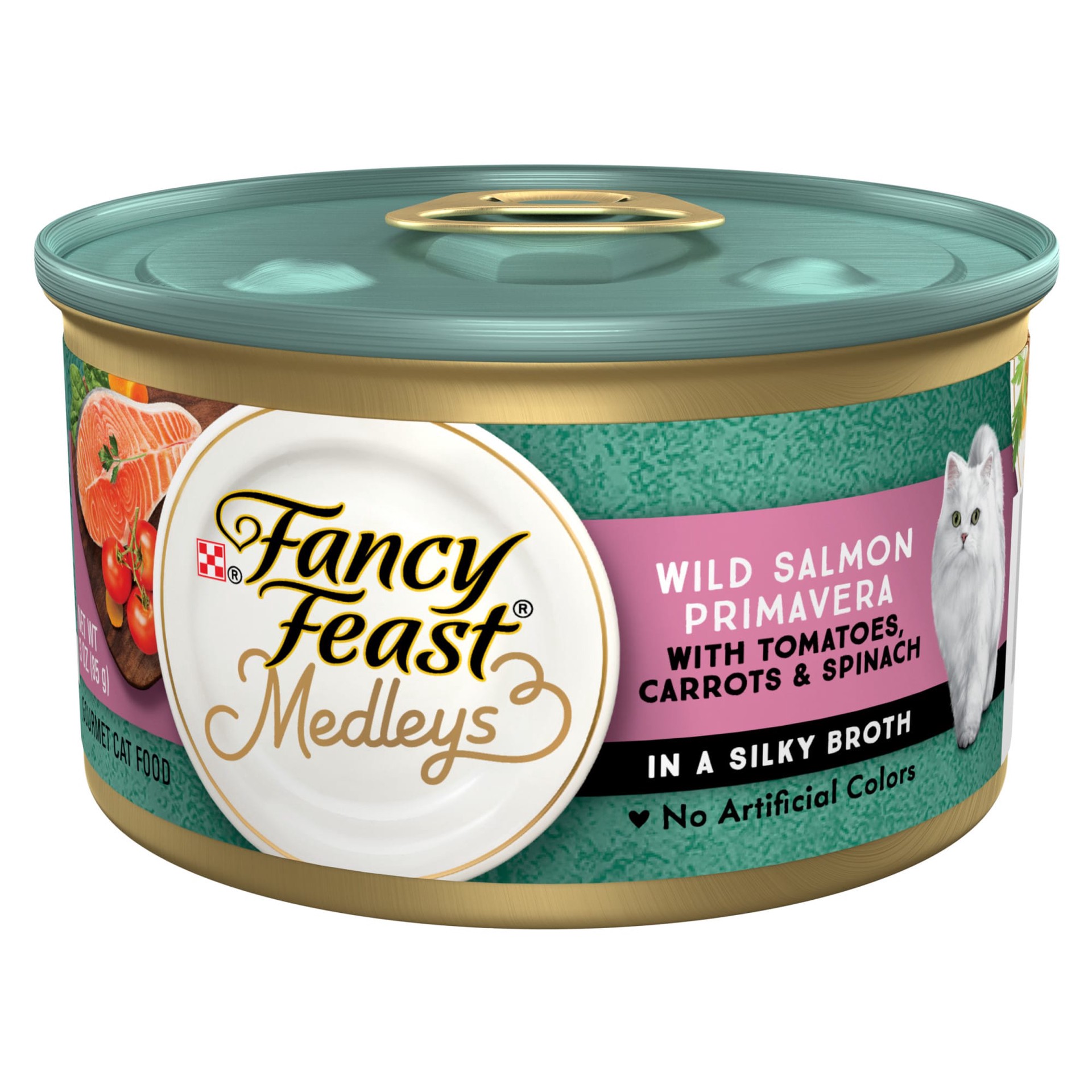 slide 1 of 6, Fancy Feast Purina Fancy Feast Wet Cat Food Medleys Wild Salmon Primavera With Tomatoes Carrots and Spinach in Silky Broth, 3 oz